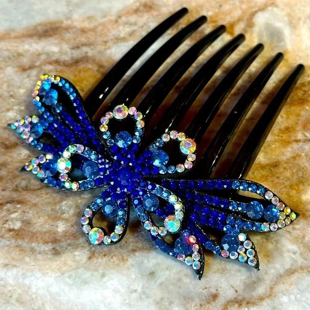 Sapphire Blue, Lt Blue & AB Ombre Floral Crystal Rhinestone Hair Comb Large Size